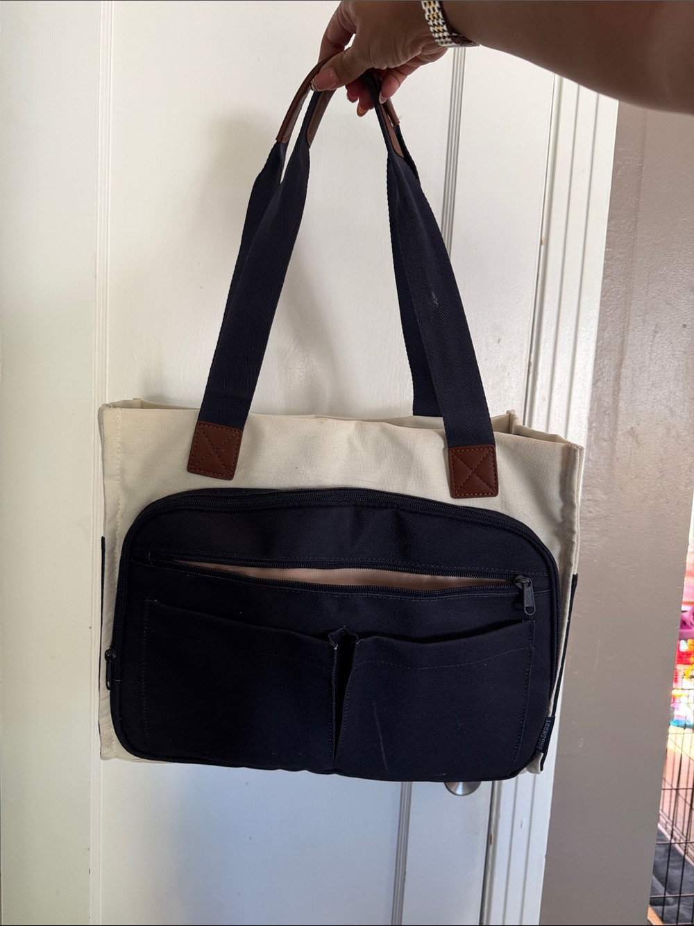Canvas Tote Bag with Front Pockets - Navy Blue & Cream